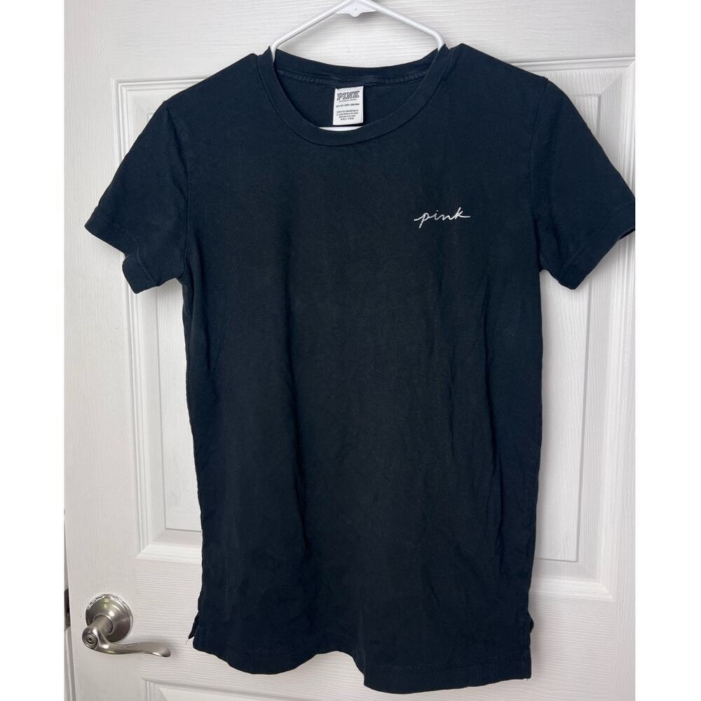 Pink Victoria Secret T-Shirt Short Sleeve Embellished Logo Black Top Size XS